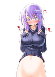 Rule 34 | 1girl, blush, bottomless, breasts, clothes lift, collarbone, hair ornament, hairclip, large breasts, long hair, long sleeves, looking at viewer, naked sweater, navel, no panties, out-of-frame censoring, purple eyes, purple hair, ribbed sweater, sakuya tsuitachi, simple background, solo, stomach, sweater, sweater lift, tears, upper body, white background