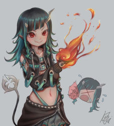 Rule 34 | &gt; &lt;, 1girl, nanashi inc., :d, > <, asymmetrical bangs, bad id, bad pixiv id, black gloves, black hair, black jacket, black skirt, black sports bra, chest belt, closed mouth, clothing cutout, commentary, demon horns, fang, fire, flat chest, flying sweatdrops, gloves, grey background, grey skirt, highres, horns, jacket, kireiaiga, layered skirt, long hair, long sleeves, looking at viewer, midriff, multicolored hair, navel, open clothes, open mouth, pointy ears, red eyes, shishio chris, shoulder cutout, signature, simple background, skin fang, skirt, smile, solo, sports bra, sugar lyric, tail, two-tone hair, upper body, virtual youtuber, xd, zipper skirt