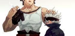 Rule 34 | 2boys, asta (black clover), black bulls (emblem), black clover, black hair, black headband, capelet, cigarette, facial hair, grey hair, headband, headpat, highres, himaeart, holding, holding cigarette, multiple boys, muscular, muscular male, size difference, stubble, tank top, torn capelet, torn clothes, white background, white tank top, yami sukehiro
