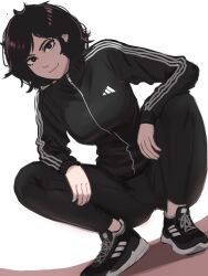 Rule 34 | 1girl, adidas, black eyes, breasts, brown hair, commentary, dutch angle, english commentary, freckles, highres, jacket, long sleeves, looking at viewer, medium breasts, medium hair, original, pants, parted lips, shoes, slav squatting, smile, sneakers, solo, squatting, striped clothes, striped jacket, track jacket, track pants, track suit, veyonis, yuna (veyonis)
