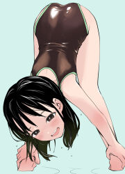 Rule 34 | black hair, brown eyes, dripping, hanamizawa q-tarou, highres, one-piece swimsuit, open mouth, original, short hair, simple background, stretching, swimsuit, wet