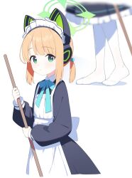 Rule 34 | 1girl, animal ear headphones, animal ears, apron, black dress, blonde hair, blue archive, closed mouth, dress, fake animal ears, green eyes, green halo, halo, headphones, highres, long sleeves, looking at viewer, maid apron, midori (blue archive), midori (maid) (blue archive), millet pepper, official alternate costume, puffy long sleeves, puffy sleeves, revision, short hair, simple background, solo, white apron, white background