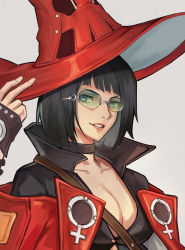 Rule 34 | 1girl, absurdres, black hair, breasts, choker, cleavage, fingerless gloves, gloves, green-tinted eyewear, green-tinted glasses, green eyes, guilty gear, guilty gear strive, hat, highres, i-no, jacket, looking at viewer, luzzeo00, mole, mole above mouth, red headwear, red jacket, short hair, smile, sunglasses, tinted eyewear, venus symbol, witch hat