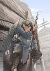 Rule 34 | absurdres, armor, barbed wire, belt, black hair, black wings, boots, breastplate, brown eyes, bullet hole, cloud, coat, commission, crate, dirty, dirty face, gauntlets, gloves, gun, highres, ikeshiki-chuujou, knee boots, long hair, looking down, military, military uniform, open mouth, original, pixiv commission, pouch, power lines, rifle, sandbag, scared, short hair, single glove, sky, soldier, sweat, trench, trench coat, uniform, utility pole, war, weapon, wings