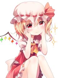 Rule 34 | 1girl, ascot, bad id, bad pixiv id, blonde hair, flandre scarlet, hands on own cheeks, hands on own face, hat, hat ribbon, looking at viewer, mob cap, opopowa, pink eyes, puffy sleeves, ribbon, shirt, short sleeves, side ponytail, simple background, sitting, skirt, skirt set, smile, solo, sparkle, touhou, vest, white background, wings
