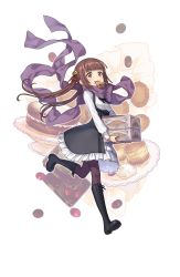 Rule 34 | 1girl, black footwear, boots, breasts, brown eyes, brown hair, candy, cookie, cross-laced footwear, eating, food, full body, hair ornament, highres, kisaragi (princess principal), lace-up boots, long hair, looking at viewer, mouth hold, official art, open mouth, pantyhose, pie, pie slice, plate, princess principal, princess principal game of mission, purple pantyhose, purple scarf, running, scarf, school uniform, skirt, small breasts, standing, standing on one leg, sweets, transparent background, twintails, white skirt