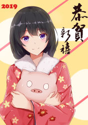 Rule 34 | 1girl, 2019, absurdres, animal, bad id, bad pixiv id, black hair, blush, closed mouth, commentary request, floral print, fur collar, happy new year, highres, holding, holding animal, japanese clothes, kimono, long sleeves, looking at viewer, medium hair, multicolored background, new year, o o, original, pig, print kimono, purple hair, red kimono, san zhi chun, smile, solo, upper body, wide sleeves