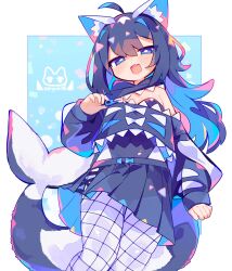 Rule 34 | 1girl, ahoge, animal costume, animal ear fluff, animal ears, artist logo, artist name, black hair, blue eyes, blush, border, breasts, cat ears, cat girl, cleavage, colored inner hair, fang, feet out of frame, fins, fish tail, fishnet pantyhose, fishnets, front zipper, hair intakes, highres, medium breasts, multicolored hair, narrowed eyes, original, pantyhose, pleated skirt, shark costume, shark girl, shark print, shark tail, skirt, small breasts, solo, tail, two-sided fabric, two-sided skirt, uenomigi, white border, white pantyhose, zipper pull tab