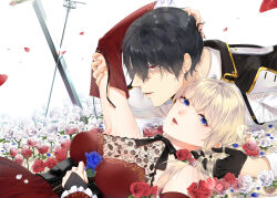 Rule 34 | 1boy, absurdres, bare shoulders, bishounen, black bow, black corset, black gloves, black hair, black ribbon, blonde hair, blue eyes, blue flower, blue rose, blunt bangs, blurry, bokeh, bow, corset, depth of field, dress, earrings, falling petals, fingerless gloves, flower, frilled sleeves, frills, glint, gloves, hand on another&#039;s head, highres, holding another&#039;s hair, jewelry, kamui-heizu-968, lace, lace dress, lens flare, long hair, looking at viewer, lying, mole, mole under eye, mole under mouth, multiple moles, open mouth, original, petals, profile, red dress, red eyes, red flower, red lips, red nails, red rose, ribbon, rose, short hair, sparkle, stud earrings, sword, weapon, white flower, white rose
