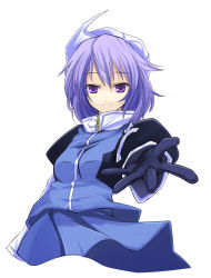 Rule 34 | 1girl, advent cirno, alternate costume, batsu, beckoning, contemporary, female focus, foreshortening, gloves, hat, iyuu, letty whiterock, purple eyes, purple hair, simple background, smile, solo, touhou, zipper