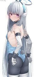 Rule 34 | 1girl, absurdres, animal ears, ass, bare shoulders, blue archive, blue leotard, breasts, closed mouth, fake animal ears, from behind, from side, gloves, grey hair, halo, headgear, highleg, highleg leotard, highres, kawai ritsu (rits meg), leotard, light smile, long hair, looking at viewer, looking back, noa (blue archive), pantyhose, pink eyes, playboy bunny, rabbit ears, rabbit tail, shoulder blades, small breasts, solo, strapless, strapless leotard, tail, thighhighs, twitter username, very long hair, white gloves