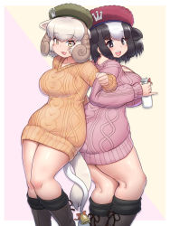 Rule 34 | 2girls, alternate breast size, animal ears, ass-to-ass, back-to-back, bell, black eyes, black hair, boots, bottle, bow, breasts, cleavage, collarbone, cow ears, cow girl, cow tail, dress, drink, extra ears, feet out of frame, grey hair, hand up, hat, highres, holding, holding bottle, holstein friesian cattle (kemono friends), horizontal pupils, horns, impossible clothes, impossible sweater, jingle bell, kemono friends, kneepits, large breasts, locked arms, long sleeves, looking at viewer, medium breasts, milk, milk bottle, mo23, multicolored hair, multiple girls, official alternate costume, open mouth, pinky out, ribbed sweater, sheep (kemono friends), sheep ears, sheep girl, sheep horns, sheep tail, sidelocks, smile, standing, sweater, sweater dress, tail, tail bell, tail bow, tail ornament, thighs, two-tone hair, white hair, yellow eyes