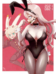 Rule 34 | 1boy, 1girl, android, animal ears, arm at side, armor, black leotard, blonde hair, border, breasts, brown pantyhose, danganronpa (series), danganronpa v3: killing harmony, detached collar, fake animal ears, food in mouth, gag, gagged, hakusoto, hand up, iruma miu, k1-b0, large breasts, leotard, long hair, pantyhose, playboy bunny, power armor, rabbit ears, red background, shiny clothes, solo focus, white border, wrist cuffs