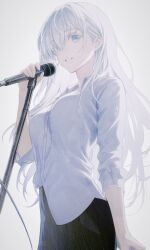 Rule 34 | 1girl, absurdres, albino, black skirt, breasts, collared shirt, colored eyelashes, cowboy shot, eyelashes, grey eyes, hair between eyes, highres, holding, holding microphone, long hair, long sleeves, looking afar, medium breasts, microphone, microphone stand, music, nagamerin, original, parted lips, shirt, simple background, singing, skirt, solo, standing, white background, white hair