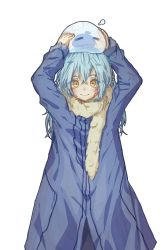 Rule 34 | 1other, androgynous, arms up, blue hair, closed mouth, dual persona, fur, fur collar, fur trim, hair between eyes, highres, long hair, looking at viewer, rimuru tempest, scarf, simple background, slime (creature), smile, tensei shitara slime datta ken, white background, yellow eyes, yilocity
