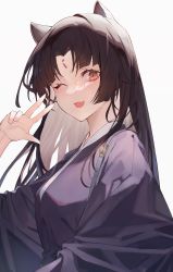 Rule 34 | 1girl, ;d, absurdres, animal ears, arknights, black hair, black kimono, dog ears, facial mark, fang, forehead mark, highres, japanese clothes, kabi (zcwd8845), kimono, long hair, looking at viewer, one eye closed, open mouth, orange eyes, parted bangs, saga (arknights), simple background, skin fang, smile, solo, upper body, v, white background