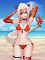Rule 34 | 1girl, absurd fox, absurdres, alternate costume, arknights, arm tattoo, armpits, arms up, bikini, breasts, cleavage, dragon girl, dragon horns, dragon tail, eyes visible through hair, highres, horns, large breasts, looking at viewer, medium hair, multicolored hair, nian (arknights), open mouth, outdoors, pointy ears, purple eyes, red hair, sand, self-upload, solo, swimsuit, tail, tattoo, water, white hair