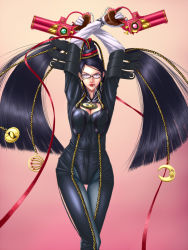 Rule 34 | 1girl, arms up, atonose saku, bad id, bad pixiv id, bayonetta, bayonetta (series), bayonetta 1, black hair, bodysuit, breasts, candy, chain, cleavage, cleavage cutout, clothing cutout, dual wielding, earrings, female focus, food, glasses, gradient background, gun, hair bun, handgun, holding, jewelry, lipstick, lollipop, long hair, makeup, medium breasts, mole, mole under mouth, mouth hold, purple eyes, red ribbon, ribbon, single hair bun, solo, thigh gap, thighs, very long hair, weapon