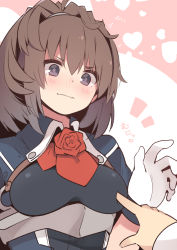 Rule 34 | 1girl, 1other, blue eyes, breast poke, breasts, brown hair, commentary request, flower, highres, kantai collection, long hair, medium breasts, military, military uniform, poking, red flower, red neckwear, red rose, rose, sheffield (kancolle), suzuki toto, two-tone background, uniform, upper body