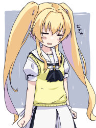 Rule 34 | 1girl, = =, akayama yukihe, arms at sides, ascot, black ascot, blonde hair, blush stickers, border, breasts, clenched hands, commentary request, grey background, hair between eyes, hair intakes, head down, highres, long hair, open mouth, puffy short sleeves, puffy sleeves, sad, sailor collar, school uniform, shirt, short sleeves, sidelocks, simple background, skirt, small breasts, solo, summer pockets, sweater vest, tears, translated, tsumugi wenders, twintails, very long hair, wavy hair, white border, white sailor collar, white shirt, white skirt, yellow sweater vest
