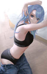 Rule 34 | 1girl, adjusting hair, armpits, arms up, bare arms, bedside, black bra, black panties, blue eyes, blue hair, bra, breasts, closed mouth, clothes pull, from above, highres, hololive, hoshimachi suisei, long hair, looking at viewer, nape, panties, pants, pants pull, partially undressed, product placement, rekku n, sitting, small breasts, smile, solo, swept bangs, tsurime, underwear, virtual youtuber, wooden floor
