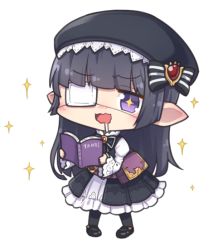 Rule 34 | + +, 1girl, :d, beret, black hair, black legwear, blunt bangs, blush, book, commentary request, dress, drooling, ear blush, eyepatch, frilled dress, frills, full body, granblue fantasy, harvin, hat, holding, holding book, long hair, long sleeves, lunalu (granblue fantasy), medical eyepatch, nogisaka kushio, nose blush, open book, open mouth, pigeon-toed, pointy ears, purple eyes, reading, simple background, smile, solo, sparkle, transparent background, wavy mouth, white background, wide sleeves