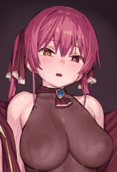 Rule 34 | 1girl, bare shoulders, blush, breasts, cleavage, hair between eyes, heterochromia, hololive, houshou marine, large breasts, nipples, open mouth, orange eyes, purple hair, red eyes, see-through, solo, sweat, tenchisouha, virtual youtuber