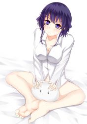 Rule 34 | 1girl, absurdres, barefoot, bed sheet, breasts, butterfly sitting, cleavage, dress shirt, feet, feet together, highres, hyoudou michiru, looking at viewer, naked shirt, navel, otono fei, purple eyes, purple hair, saenai heroine no sodatekata, shirt, short hair, sitting, smile, soles, solo, spread legs, toes, v arms