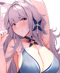 Rule 34 | 1girl, animal ear fluff, armpits, azur lane, blue collar, blue dress, blush, breasts, cleavage, collar, dress, evening gown, hair ornament, halter dress, halterneck, highres, itete, large breasts, light blush, long hair, looking at viewer, official alternate costume, purple eyes, shinano (azur lane), shinano (dreams of the hazy moon) (azur lane), silver hair, sleeveless, sleeveless dress, solo, upper body