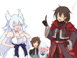 2boys 2girls absurdres animal_ears apron armpits averting_eyes black_shirt blue_eyes blush blush_stickers breasts brown_hair brown_jacket cape choker closed_eyes collar cropped_jacket dress elf embarrassed extra_ears fenrys flapping_ears flio full-face_blush grey_choker hair_between_eyes hair_tie hand_on_own_chest hand_on_own_hip highres jacket jewelry large_breasts long_hair looking_down lv2_kara_cheat_datta_moto_yuusha_kouho_no_mattari_isekai_life maid_apron maou_no_ore_ga_dorei_elf_wo_yome_ni_shitanda_ga_dou_medereba_ii? medium_hair metal_collar multiple_boys multiple_girls nephelia open_mouth pendant pointy_ears red_cape shirt side_ponytail simple_background smile soanote sweatdrop very_long_hair waist_ribbon white_background white_dress white_hair wolf_ears wolf_girl zagan_(maou_no_ore_ga)