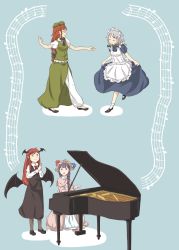 Rule 34 | 4girls, bat wings, beamed quavers, bow, braid, chi-kun (seedyoulater), chii-kun (seedyoulater), crescent, dress, grey hair, hair bow, hat, head wings, highres, hong meiling, instrument, izayoi sakuya, koakuma, long hair, maid headdress, multiple girls, musical note, open mouth, pants, patchouli knowledge, piano, pointy ears, puffy short sleeves, puffy sleeves, purple eyes, purple hair, quaver, red eyes, red hair, footwear ribbon, shoes, short hair, short sleeves, single braid, smile, socks, touhou, twin braids, wings