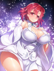 Rule 34 | 10s, 1girl, breasts, cameltoe, cleavage, dress, hand on own chest, izetta, izetta (shuumatsu no izetta), katourennyu, large breasts, long sleeves, looking at viewer, plump, red eyes, red hair, short hair, shuumatsu no izetta, smile, solo, thick thighs, thighs, white dress