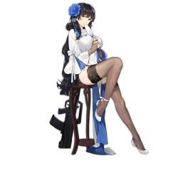 Rule 34 | 1girl, assault rifle, black hair, blue flower, bow, breasts, brown gloves, brown thighhighs, bullpup, chair, closed mouth, flower, full body, garter straps, girls&#039; frontline, gloves, gun, hair between eyes, hair flower, hair ornament, hand fan, holding, holding fan, large breasts, long hair, long sleeves, looking at viewer, nishiro ryoujin, official alternate costume, official art, qbz-95, rifle, shoes, sitting, smile, solo, stool, thighhighs, transparent background, type 95 (girls&#039; frontline), very long hair, weapon, white bow, white footwear, yellow eyes