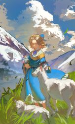 Rule 34 | 1boy, absurdres, aged down, androgynous, animal, axis powers hetalia, blonde hair, blue eyes, blue flower, blue ribbon, blue rose, child, cloud, commentary request, day, flower, france (hetalia), goat, gold trim, grass, half-closed eyes, half updo, highres, holding, holding flower, long sleeves, looking at animal, male focus, mountainous horizon, nature, neck ribbon, outdoors, petting, ribbon, rose, sash, shirt, short hair, smile, standing, white shirt, wind, zhongerweiyuan