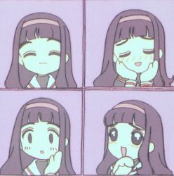 Rule 34 | 1990s (style), 1girl, :d, :o, ^ ^, blunt bangs, blush, cardcaptor sakura, child, closed eyes, daidouji tomoyo, expressions, hairband, looking at viewer, lowres, open mouth, own hands together, parted lips, purple background, retro artstyle, simple background, smile, sparkle, upper body