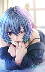 Rule 34 | 1girl, ayanami rei, bad id, bad twitter id, barefoot, blue hair, blue shirt, curtains, feet up, hair between eyes, highres, indoors, koya (koya x 00), light blush, light particles, looking at viewer, lying, nail polish, neon genesis evangelion, off-shoulder shirt, off shoulder, on bed, on stomach, parted lips, red eyes, shirt, signature, solo, strap slip, window
