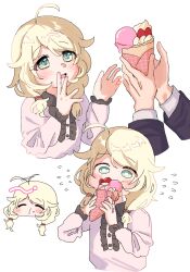 Rule 34 | 1boy, 1girl, ^ ^, ahoge, ahoge wag, blonde hair, blush, cheek bulge, chibi, chibi inset, closed eyes, crepe, cropped torso, disembodied hand, eating, expressive hair, flying sweatdrops, food, giving food, holding, holding food, idolmaster, idolmaster cinderella girls, looking at another, producer (idolmaster), shiningrainbow294, short twintails, twintails, yusa kozue