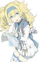 Rule 34 | 1girl, backpack, bad id, bad tumblr id, bag, bag charm, binoculars, blonde hair, blue eyes, blush, breasts, buttons, charm (object), collared shirt, escort water princess, gambier bay (kancolle), hair between eyes, hairband, kantai collection, leaning forward, long hair, looking up, map, ninimo nimo, open mouth, pointing, ribbon, sailor collar, school uniform, serafuku, shirt, simple background, small breasts, solo, tagme, thighhighs, twintails, wavy mouth, white background, zettai ryouiki