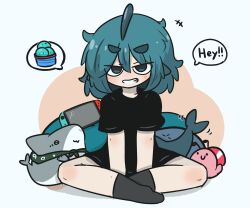Rule 34 | +++, 1girl, between legs, black shirt, blue background, blue eyes, blue hair, blush, brown background, commentary request, fins, fish tail, food, fuka-chan, full body, grey socks, grin, hand between legs, highres, ice cream, ice cream cup, looking at viewer, motion lines, nintendo switch, no shoes, original, shark tail, shirt, short eyebrows, short sleeves, sitting, smile, socks, solo, stuffed animal, stuffed shark, stuffed toy, tail, thick eyebrows, triple scoop, two-tone background, uni souchou