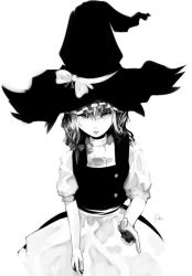 Rule 34 | 1girl, apron, expressionless, female focus, greyscale, hair ribbon, hat, inemuri uno, inemuriuno, kirisame marisa, looking at viewer, monochrome, puffy sleeves, ribbon, simple background, solo, touhou, tress ribbon, vest, white background, witch hat
