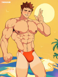 Rule 34 | 1boy, 7angelm, abs, artist name, bad source, bara, blush, brock (pokemon), brown hair, bulge, closed eyes, creatures (company), facing viewer, feet out of frame, game freak, highres, male focus, muscular, muscular male, navel, navel hair, nintendo, nipples, palm tree, pectorals, pokemon, pokemon rgby, self-upload, short hair, sky, smile, solo, sun, tan, tanline, teeth, topless male, tree, yellow sky