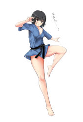 Rule 34 | 1girl, absurdres, alternate costume, amagami, bare legs, barefoot, belt, black belt, black hair, blush, breasts, commentary request, dougi, gyuunyuu pack (tanaka), highres, looking at viewer, medium breasts, nanasaki ai, solo, standing, standing on one leg, thighs, translation request