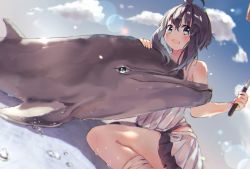 Rule 34 | 1girl, :d, ahoge, animal, bare arms, bare shoulders, black hair, blue eyes, blue sky, blurry, blurry foreground, blush, cloud, commentary request, day, depth of field, dolphin, fingernails, hair between eyes, highres, holding, kneehighs, open mouth, original, outdoors, pleated skirt, sidelocks, sitting, skirt, sky, smile, socks, solo, soranagi yuki, tank top, wariza, water, white skirt, white socks, white tank top