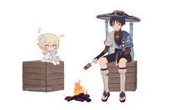 Rule 34 | 1boy, 1girl, arm armor, arm up, arms up, artist name, bare shoulders, belt, black belt, black bow, black footwear, black shirt, blonde hair, blue gemstone, blue headwear, blue vest, boots, bow, chibi, chinikuniku, closed eyes, commentary request, dated, detached sleeves, dress, fire, flower, food, gem, genshin impact, gold, grey dress, grey flower, grey footwear, grey socks, grey vest, hair between eyes, hair flower, hair ornament, hand up, hands up, hat, jewelry, jingasa, leaf, leaf hair ornament, long sleeves, looking at another, lumine (genshin impact), mandarin collar, musical note, necklace, no mouth, official alternate costume, open mouth, plate, pom pom (clothes), purple belt, purple eyes, purple hair, sandals, scaramouche (genshin impact), shirt, short hair, short hair with long locks, short sleeves, sidelocks, simple background, sitting, socks, stick, two-tone vest, vest, vision (genshin impact), wanderer (genshin impact), white background