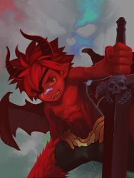 Rule 34 | 1boy, abs, bandaid, child, colored skin, demon, eyepatch, fangs, horns, male focus, muscular, nipples, red eyes, red skin, topless male, skull, solo, sword, weapon, wings
