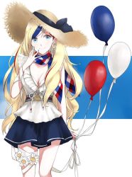 Rule 34 | 10s, 1girl, bad id, bad twitter id, balloon, belt, blonde hair, blue eyes, blue nails, bra, breasts, closed mouth, collarbone, commandant teste (kancolle), earrings, finger to mouth, grey belt, hat, jewelry, kantai collection, long hair, looking at viewer, medium breasts, morinaga miki, multicolored clothes, multicolored hair, multicolored scarf, nail polish, pleated skirt, scarf, skirt, sky, smile, solo, sun hat, thigh strap, underwear, white background, white bra