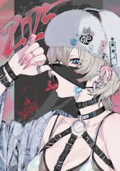 1girl absurdres bare_shoulders blonde_hair blue_eyes bracelet breasts choker commentary_request ear_piercing forked_tongue hat highres jewelry nikubou_maranoshin open_mouth original piercing ring saliva short_hair solo teeth tongue tongue_out tongue_piercing white_nails