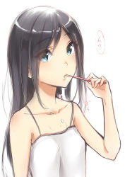 Rule 34 | 1girl, black hair, blue eyes, breasts, brushing teeth, collarbone, covered erect nipples, highres, long hair, looking at viewer, murabito c, original, simple background, small breasts, solo, speech bubble, toothbrush, upper body, white background