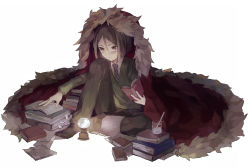 Rule 34 | 1boy, beaker, black eyes, black hair, black socks, book, book stack, cape, fate/stay night, fate/zero, fate (series), knee to face, lamp, male focus, necktie, open book, pants, paper, short hair, simple background, sitting, socks, solo, soto, studying, sweater, waver velvet, white background