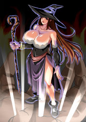Rule 34 | 1girl, bare shoulders, blue eyes, boots, breasts, brown hair, cleavage, curvy, detached sleeves, dragon&#039;s crown, dress, hat, hat over one eye, highres, huge breasts, legs, long hair, one eye covered, shoes, side slit, solo, sorceress (dragon&#039;s crown), staff, standing, strapless, strapless dress, thighs, vanillaware, weapon, witch, witch hat
